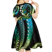 Hawaii Turtles Plumeria Kid Short Sleeve Dress Chartreuse Cyan Polynesian Pattern