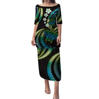 Hawaii Turtles Plumeria Puletasi Chartreuse Cyan Polynesian Pattern