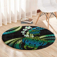 Hawaii Turtles Plumeria Round Carpet Chartreuse Cyan Polynesian Pattern