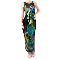 Hawaii Turtles Plumeria Tank Maxi Dress Chartreuse Cyan Polynesian Pattern