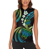 Hawaii Turtles Plumeria Women Sleeveless Polo Shirt Chartreuse Cyan Polynesian Pattern