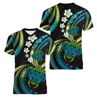 Hawaii Turtles Plumeria Women V-Neck T-Shirt Chartreuse Cyan Polynesian Pattern