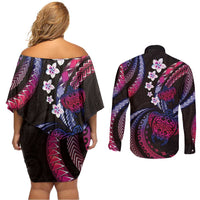 Hawaii Turtles Plumeria Couples Matching Off Shoulder Short Dress and Long Sleeve Button Shirt Sweet Gradient Polynesian Pattern