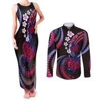 Hawaii Turtles Plumeria Couples Matching Tank Maxi Dress and Long Sleeve Button Shirt Sweet Gradient Polynesian Pattern