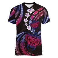 Hawaii Turtles Plumeria Women V-Neck T-Shirt Sweet Gradient Polynesian Pattern