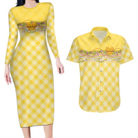 Hawaii Palaka Pikake Lokelani Plumeria Couples Matching Long Sleeve Bodycon Dress and Hawaiian Shirt Melemele Coquette Bow LT01 Yellow - Polynesian Pride