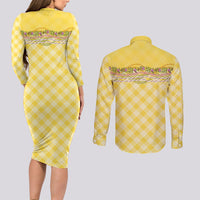 Hawaii Palaka Pikake Lokelani Plumeria Couples Matching Long Sleeve Bodycon Dress and Long Sleeve Button Shirt Melemele Coquette Bow LT01 - Polynesian Pride