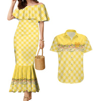 Hawaii Palaka Pikake Lokelani Plumeria Couples Matching Mermaid Dress and Hawaiian Shirt Melemele Coquette Bow LT01 Yellow - Polynesian Pride