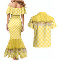 Hawaii Palaka Pikake Lokelani Plumeria Couples Matching Mermaid Dress and Hawaiian Shirt Melemele Coquette Bow LT01 - Polynesian Pride