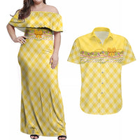 Hawaii Palaka Pikake Lokelani Plumeria Couples Matching Off Shoulder Maxi Dress and Hawaiian Shirt Melemele Coquette Bow LT01 Yellow - Polynesian Pride