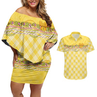 Hawaii Palaka Pikake Lokelani Plumeria Couples Matching Off Shoulder Short Dress and Hawaiian Shirt Melemele Coquette Bow LT01 Yellow - Polynesian Pride