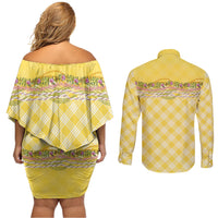 Hawaii Palaka Pikake Lokelani Plumeria Couples Matching Off Shoulder Short Dress and Long Sleeve Button Shirt Melemele Coquette Bow