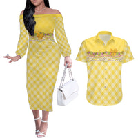 Hawaii Palaka Pikake Lokelani Plumeria Couples Matching Off The Shoulder Long Sleeve Dress and Hawaiian Shirt Melemele Coquette Bow LT01 Yellow - Polynesian Pride