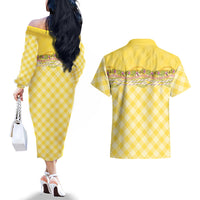 Hawaii Palaka Pikake Lokelani Plumeria Couples Matching Off The Shoulder Long Sleeve Dress and Hawaiian Shirt Melemele Coquette Bow LT01 - Polynesian Pride