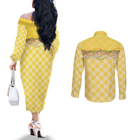 Hawaii Palaka Pikake Lokelani Plumeria Couples Matching Off The Shoulder Long Sleeve Dress and Long Sleeve Button Shirt Melemele Coquette Bow LT01 - Polynesian Pride