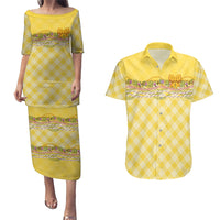 Hawaii Palaka Pikake Lokelani Plumeria Couples Matching Puletasi and Hawaiian Shirt Melemele Coquette Bow LT01 Yellow - Polynesian Pride