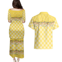 Hawaii Palaka Pikake Lokelani Plumeria Couples Matching Puletasi and Hawaiian Shirt Melemele Coquette Bow LT01 - Polynesian Pride