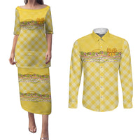 Hawaii Palaka Pikake Lokelani Plumeria Couples Matching Puletasi and Long Sleeve Button Shirt Melemele Coquette Bow LT01 Yellow - Polynesian Pride
