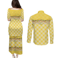 Hawaii Palaka Pikake Lokelani Plumeria Couples Matching Puletasi and Long Sleeve Button Shirt Melemele Coquette Bow LT01 - Polynesian Pride