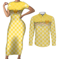 Hawaii Palaka Pikake Lokelani Plumeria Couples Matching Short Sleeve Bodycon Dress and Long Sleeve Button Shirt Melemele Coquette Bow LT01 Yellow - Polynesian Pride