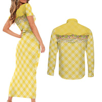Hawaii Palaka Pikake Lokelani Plumeria Couples Matching Short Sleeve Bodycon Dress and Long Sleeve Button Shirt Melemele Coquette Bow