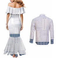Samoa Siapo Blue Trimmed Couples Matching Mermaid Dress and Long Sleeve Button Shirt Samoa White Sunday - Polynesian Pride