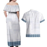 Samoa Siapo Blue Trimmed Couples Matching Off Shoulder Maxi Dress and Hawaiian Shirt Samoa White Sunday - Polynesian Pride