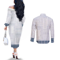 Samoa Siapo Blue Trimmed Couples Matching Off The Shoulder Long Sleeve Dress and Long Sleeve Button Shirt Samoa White Sunday - Polynesian Pride