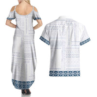 Samoa Siapo Blue Trimmed Couples Matching Summer Maxi Dress and Hawaiian Shirt Samoa White Sunday - Polynesian Pride