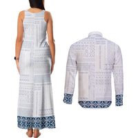 Samoa Siapo Blue Trimmed Couples Matching Tank Maxi Dress and Long Sleeve Button Shirt Samoa White Sunday - Polynesian Pride