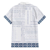 Samoa Siapo Blue Trimmed Family Matching Off The Shoulder Long Sleeve Dress and Hawaiian Shirt Samoa White Sunday - Polynesian Pride