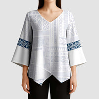 Samoa Siapo Blue Trimmed Kimono Sleeve Blouse Samoa White Sunday - Polynesian Pride