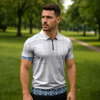 Samoa Siapo Blue Trimmed Zipper Polo Shirt Samoa White Sunday LT01 - Polynesian Pride