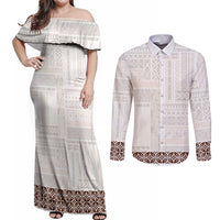 Samoa Siapo Brown Trimmed Couples Matching Off Shoulder Maxi Dress and Long Sleeve Button Shirt Samoa White Sunday - Polynesian Pride