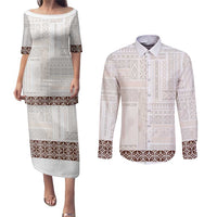 Samoa Siapo Brown Trimmed Couples Matching Puletasi and Long Sleeve Button Shirt Samoa White Sunday - Polynesian Pride