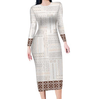 Samoa Siapo Brown Trimmed Family Matching Long Sleeve Bodycon Dress and Hawaiian Shirt Samoa White Sunday - Polynesian Pride
