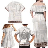 Samoa Siapo Brown Trimmed Family Matching Off Shoulder Maxi Dress and Hawaiian Shirt Samoa White Sunday - Polynesian Pride