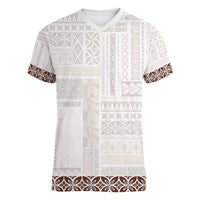 Samoa Siapo Brown Trimmed Women V-Neck T-Shirt Samoa White Sunday - Polynesian Pride