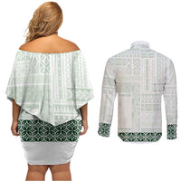 Samoa Siapo Green Trimmed Couples Matching Off Shoulder Short Dress and Long Sleeve Button Shirt Samoa White Sunday - Polynesian Pride