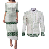 Samoa Siapo Green Trimmed Couples Matching Puletasi and Long Sleeve Button Shirt Samoa White Sunday - Polynesian Pride