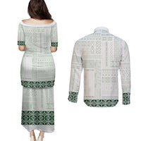 Samoa Siapo Green Trimmed Couples Matching Puletasi and Long Sleeve Button Shirt Samoa White Sunday - Polynesian Pride