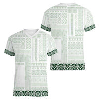 Samoa Siapo Green Trimmed Women V-Neck T-Shirt Samoa White Sunday - Polynesian Pride