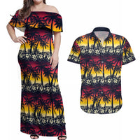 Hawaii Hibiscus Palm Tree Sunset Couples Matching Off Shoulder Maxi Dress and Hawaiian Shirt Tropical Style - Polynesian Pride