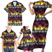 Hawaii Hibiscus Palm Tree Sunset Family Matching Short Sleeve Bodycon Dress and Hawaiian Shirt Tropical Style - Polynesian Pride