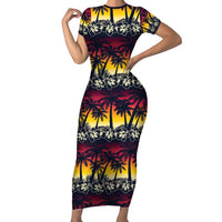Hawaii Hibiscus Palm Tree Sunset Family Matching Short Sleeve Bodycon Dress and Hawaiian Shirt Tropical Style - Polynesian Pride