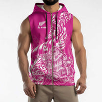 Custom New Zealand Rugby Silver Fern Sleeveless Zip Hoodie Aotearoa Kiwi Maori Pink Version - Polynesian Pride