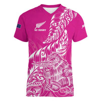 Custom New Zealand Rugby Silver Fern Women V-Neck T-Shirt Aotearoa Kiwi Maori Pink Version - Polynesian Pride
