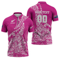 Custom New Zealand Rugby Silver Fern Zipper Polo Shirt Aotearoa Kiwi Maori Pink Version - Polynesian Pride