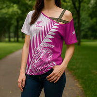 Custom New Zealand Rugby Silver Fern Cross Shoulder Shirt Aotearoa Maori Pink Version - Polynesian Pride