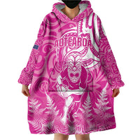 New Zealand Silver Fern Rugby All Pink Wearable Blanket Hoodie Maori Tiki Player With Ta Moko Tribal - Polynesian Pride